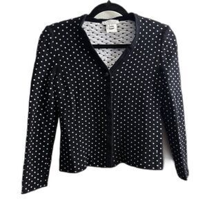 Women's St John Sport Wool Knit Black White Polka Dot Brass SJ Button Cardigan S